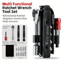 Black Silver multi functional tool set, ratchet wrench, magnetic connect rod, bidirectional ratchet, tire pry bar, quick release extension rod, tool bits, Australian DIY, car repair tool kit, mechanic set