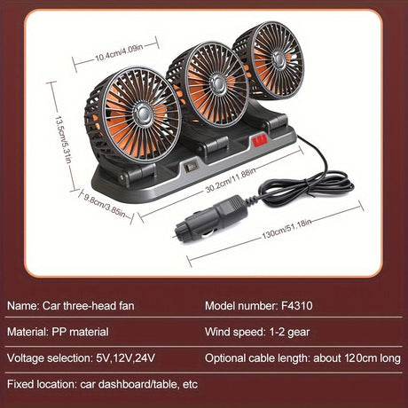 3-Head Car Circulating Fan with Multi-Directional Airflow
