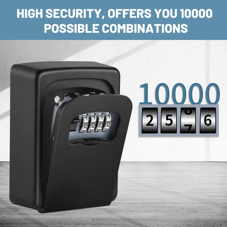 Wall-mounted Key Lock Box, Outdoor 4-Digit Weatherproof Lock Box, Large Capacity Lock Box for 5 Keys, Key Safe Storage Box, Indoor & Outdoor Garage Resettable Combination Lock Box