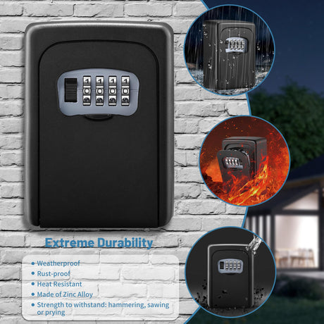 Wall-mounted Key Lock Box, Outdoor 4-Digit Weatherproof Lock Box, Large Capacity Lock Box for 5 Keys, Key Safe Storage Box, Indoor & Outdoor Garage Resettable Combination Lock Box