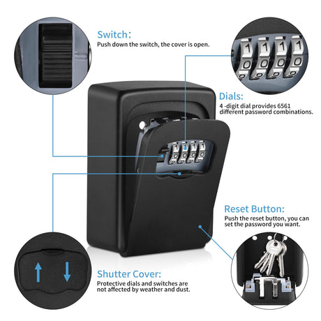 Wall-mounted Key Lock Box, Outdoor 4-Digit Weatherproof Lock Box, Large Capacity Lock Box for 5 Keys, Key Safe Storage Box, Indoor & Outdoor Garage Resettable Combination Lock Box