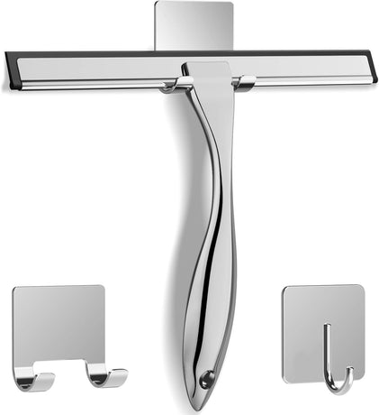 Multipurpose Stainless Steel Shower Scraper for Shower Glass Door with 2 Adhesive Hooks, Bathroom Cleaning Tools Window Mirror Scraper for Home, Clean Tile Wall, Car, 10 Inch (Approx. 25.4 cm) Silver