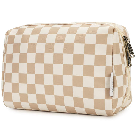 Checkered Makeup Bag Travel Makeup Bag Organizer Bag Makeup Bag Makeup Bag with Compartments for Ladies Girls (Large, Light Checkerboard)