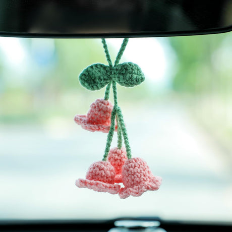 Lily Flower Hand Knitted Car Mirror Suspension Accessories, Rearview Mirror Accessories Car Decoration for Men and Women（Pink）