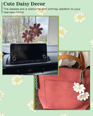 Women's Crochet Daisies Car Accessories Cute Rearview Mirror Pendants Handmade Daisy Flower Gifts Crochet Lovers Car Decoration Car Interior Aesthetics (Pink)