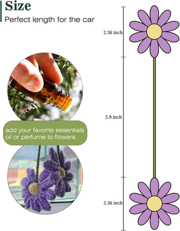 Crochet Daisy Auto Parts Women Cute Rearview Mirror Charm Crafted Daisy Flower Gift Crochet Lovers Car Decoration Car Interior Aesthetics (Purple)