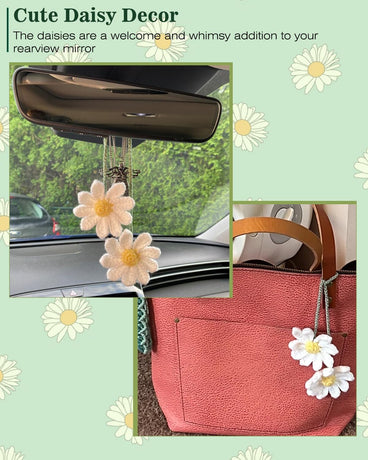 Crochet Daisy Auto Accessories Women Cute Rearview Mirror Charm Crafted Daisy Flower Gift Crochet Enthusiast Car Decoration Car Interior Aesthetics (White)