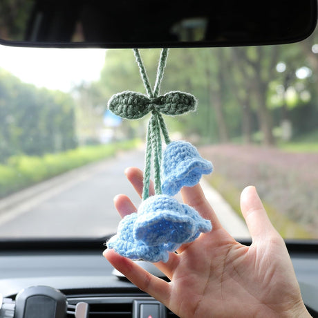 Lily Flower Hand Knitted Car Mirror Suspension Accessories, Rearview Mirror Accessories Car Decoration for Men and Women（Blue）