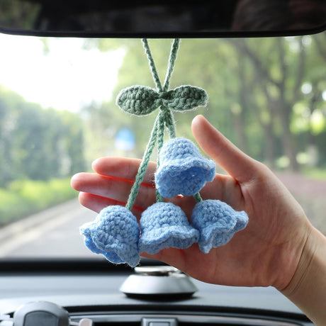 Lily Flower Hand Knitted Car Mirror Suspension Accessories, Rearview Mirror Accessories Car Decoration for Men and Women（Blue）