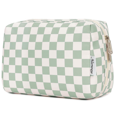 Checkered Makeup Bag Travel Makeup Bag Organizer Bag Makeup Bag Makeup Bag with Compartments for Ladies Girls (Large, Mint Green Checkerboard)
