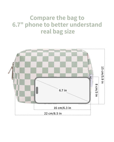 Checkered Makeup Bag Travel Makeup Bag Organizer Bag Makeup Bag Makeup Bag with Compartments for Ladies Girls (Large, Mint Green Checkerboard)
