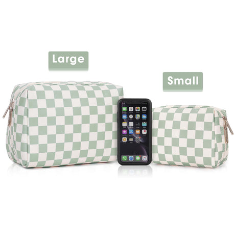 Checkered Makeup Bag Travel Makeup Bag Organizer Bag Makeup Bag Makeup Bag with Compartments for Ladies Girls (Large, Mint Green Checkerboard)