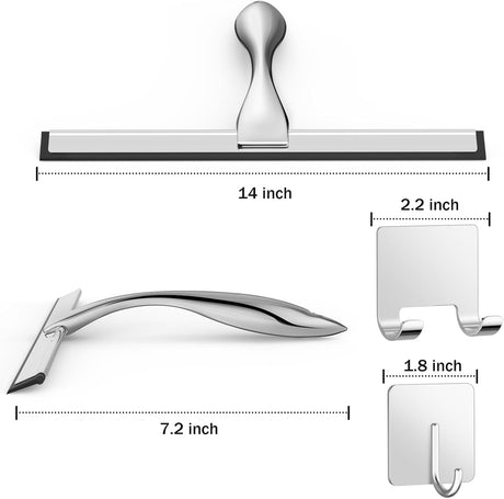 Multipurpose Stainless Steel Shower Scraper for Shower Door with 2 Adhesive Hooks, Bathroom Cleaning Tools Home Window Mirror Scraper for Home Cleaning, Glass Door, Tile Wall, Car, 14 Inch Silver