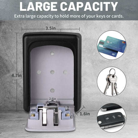 Wall-mounted Key Lock Box, Outdoor 4-Digit Weatherproof Lock Box, Large Capacity Lock Box for 5 Keys, Key Safe Storage Box, Indoor & Outdoor Garage Resettable Combination Lock (Gray)