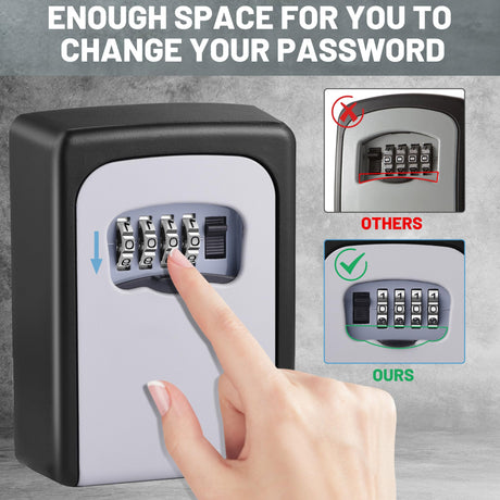 Wall-mounted Key Lock Box, Outdoor 4-Digit Weatherproof Lock Box, Large Capacity Lock Box for 5 Keys, Key Safe Storage Box, Indoor & Outdoor Garage Resettable Combination Lock (Gray)