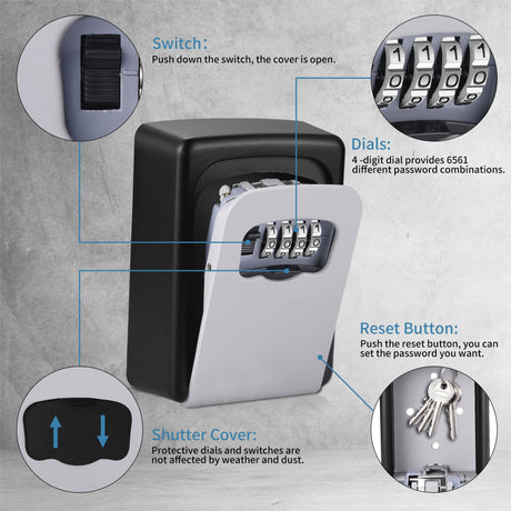 Wall-mounted Key Lock Box, Outdoor 4-Digit Weatherproof Lock Box, Large Capacity Lock Box for 5 Keys, Key Safe Storage Box, Indoor & Outdoor Garage Resettable Combination Lock (Gray)
