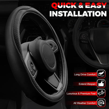 Car Steering Wheel Cover, Microfiber Leather Steering Wheel Cover with Non-Slip Lining, Universal 14.5-15 Inch (Approx. 36.8-38.1 cm) Black