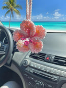 Hibiscus Car Ornaments, Crochet Hawaiian Tropical Flower Bag Charms Decoration Car Mirror Beach Accessories (Pink)