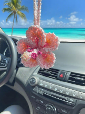 Hibiscus Car Ornaments, Crochet Hawaiian Tropical Flower Bag Charms Decoration Car Mirror Beach Accessories (Pink)