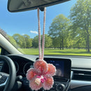 Hibiscus Car Ornaments, Crochet Hawaiian Tropical Flower Bag Charms Decoration Car Mirror Beach Accessories (Pink)