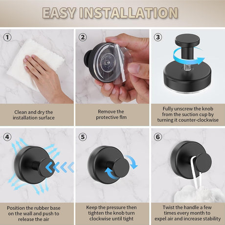 2026 Upgraded Drill-Free Suction Cup Hooks, Stainless Steel Suction Cup Hooks for Shower, Mirror, Wall, Bathroom, Glass, Hanging Towels - 4 Pack, Black