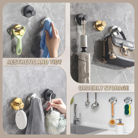 2026 Upgraded Drill-Free Suction Cup Hooks, Stainless Steel Suction Cup Hooks for Shower, Mirror, Wall, Bathroom, Glass, Hanging Towels - 4 Pack, Brushed Silver