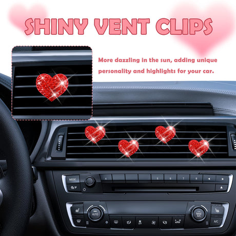 4PCS Heart-Shaped Car Vent Clips with Rhinestone,Bling Air Vent Clips Car Decorations,Premium Shiny Car Clips for Vents Accessories Interior (Red)