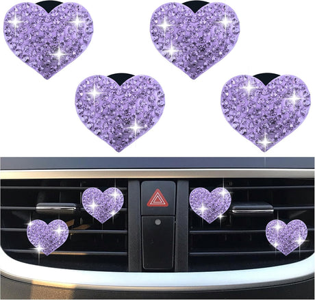 4PCS Heart-Shaped Car Vent Clips with Rhinestone,Bling Air Vent Clips Car Decorations,Premium Shiny Car Clips for Vents Accessories Interior (Purple)