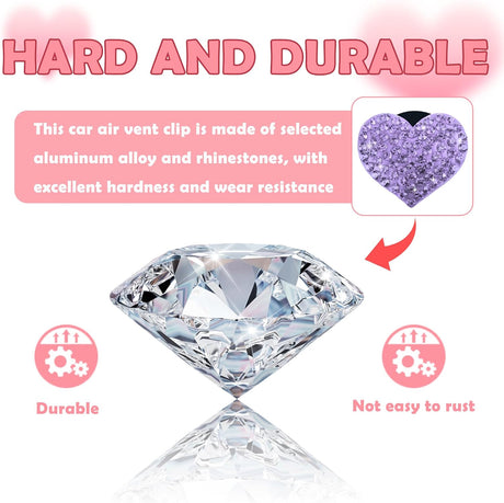 4PCS Heart-Shaped Car Vent Clips with Rhinestone,Bling Air Vent Clips Car Decorations,Premium Shiny Car Clips for Vents Accessories Interior (Purple)