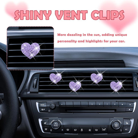 4PCS Heart-Shaped Car Vent Clips with Rhinestone,Bling Air Vent Clips Car Decorations,Premium Shiny Car Clips for Vents Accessories Interior (Purple)
