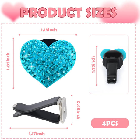 4PCS Heart-Shaped Car Vent Clips with Rhinestone,Bling Air Vent Clips Car Decorations,Premium Shiny Car Clips for Vents Accessories Interior (Lake Blue)