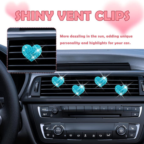 4PCS Heart-Shaped Car Vent Clips with Rhinestone,Bling Air Vent Clips Car Decorations,Premium Shiny Car Clips for Vents Accessories Interior (Lake Blue)