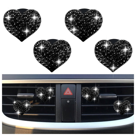 4PCS Heart-Shaped Car Vent Clips with Rhinestone,Bling Air Vent Clips Car Decorations,Premium Shiny Car Clips for Vents Accessories Interior (Black)