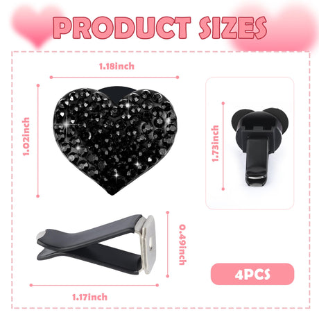 4PCS Heart-Shaped Car Vent Clips with Rhinestone,Bling Air Vent Clips Car Decorations,Premium Shiny Car Clips for Vents Accessories Interior (Black)