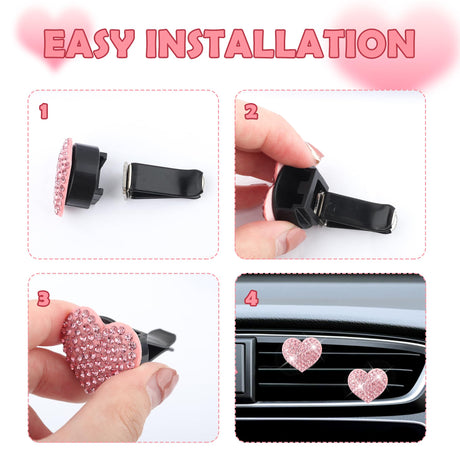 4PCS Heart-Shaped Car Vent Clips with Rhinestone,Bling Air Vent Clips Car Decorations,Premium Shiny Car Clips for Vents Accessories Interior (Black)