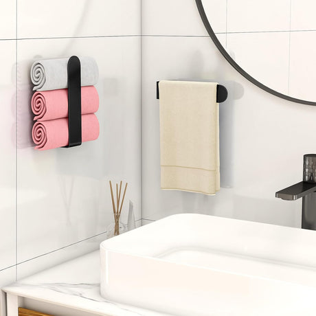 Hand Towel Holder, Self Adhesive Towel Racks for Bathroom Wall Mounted, 8 Inch Square Hand Towel Bar Stick on Wall for Kitchen Cabinet RV, Black (2 Pack)