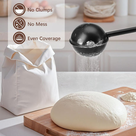 Flour Duster, One-Hand Operation, 304 Stainless Steel Powder Sugar Bowl Dusting Duster, Dusting Flour Sieve，Black