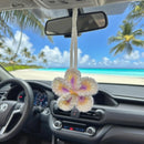 Hibiscus Car Ornaments, Crochet Hawaiian Tropical Flower Bag Charms Decoration Car Mirror Beach Accessories (White)