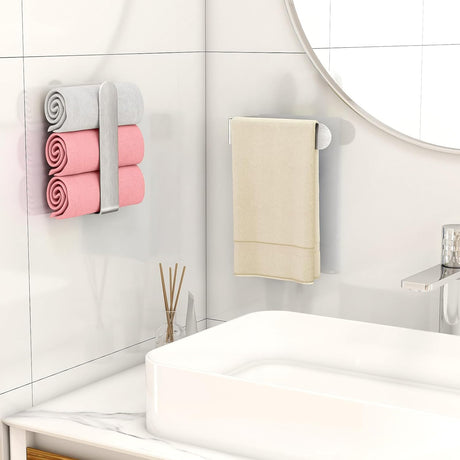 Adhesive Hand Towel Holder, 8 Inch Towel Holder for Bathroom Wall Mounted, Self Adhesive Square Stick on Towel Bar Wall for Kitchen Cabinet RV, (2 Pack)