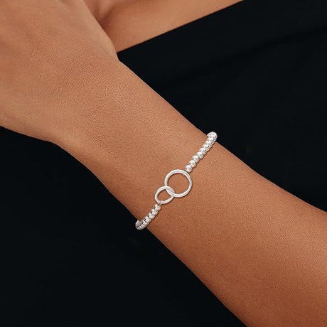 Women’s Silver Bracelet, Silver Elastic Beaded Bracelet, Handmade Ball Accent Bracelet, Elegant Silver Jewelry Gift.
