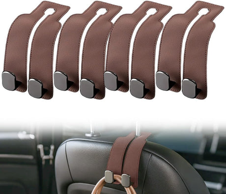 Headrest Hook for Car Seat Headrest, 2026 Wallet & Bag Hook Cute Car Wallet Holder, Double Hook Leather Car Headrest Hook Seat Back Storage Bag for Travel (Brown*4)