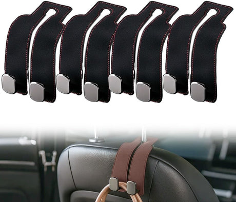 Headrest Hook for Car Seat Headrest, 2026 Wallet & Bag Hook Cute Car Wallet Holder, Double Hook Leather Car Headrest Hook Seat Back Storage Bag for Travel (Black*4)