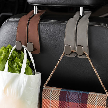 Headrest Hook for Car Seat Headrest, 2026 Wallet & Bag Hook Cute Car Wallet Holder, Double Hook Leather Car Headrest Hook Seat Back Storage Bag for Travel (Black*2)
