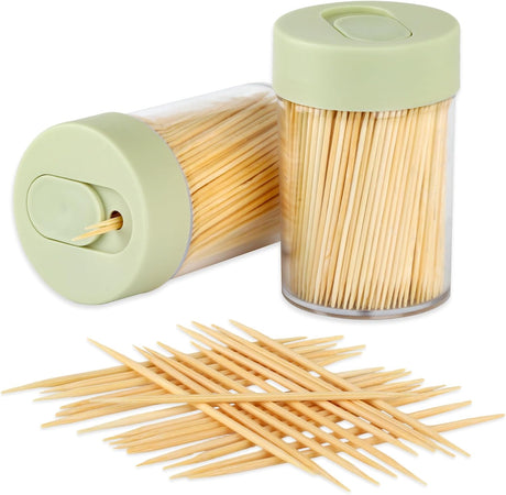 2PS Toothpick Holder with 1000 Count Bamboo Toothpicks for Teeth Cleaning Fruits- Round Double-Pointed Wooden Toothpicks, for Appetizers,Olives