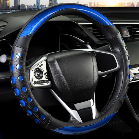 PU Leather Car Steering Wheel Cover with Non-Slip Grip, Suitable for Both Men and Women, Universal Fits 14.5-15 Inch Cars, Trucks, SUVs (Blue (Round), Medium (Standard) Size [14 1/2-15 Inches])