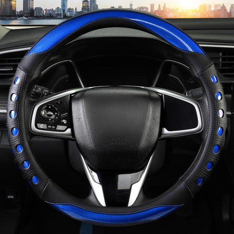PU Leather Car Steering Wheel Cover with Non-Slip Grip, Suitable for Both Men and Women, Universal Fits 14.5-15 Inch Cars, Trucks, SUVs (Blue (Round), Medium (Standard) Size [14 1/2-15 Inches])