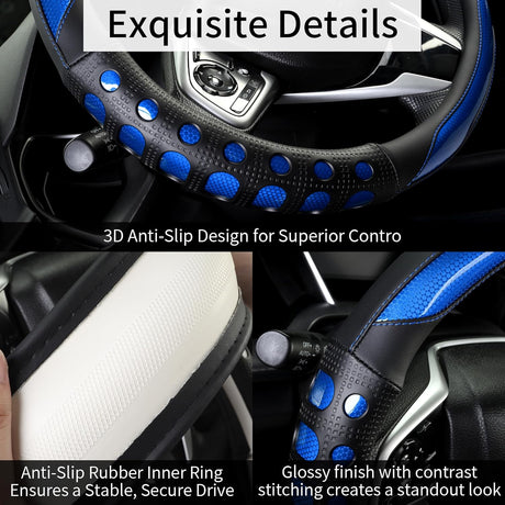 PU Leather Car Steering Wheel Cover with Non-Slip Grip, Suitable for Both Men and Women, Universal Fits 14.5-15 Inch Cars, Trucks, SUVs (Blue (Round), Medium (Standard) Size [14 1/2-15 Inches])