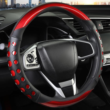 PU Leather Car Steering Wheel Cover with Non-Slip Grip, Suitable for Both Men and Women, Universal Fits 14.5-15 Inch Cars, Trucks, SUVs (Red (Round), Medium (Standard) Size [14 1/2-15 Inches])