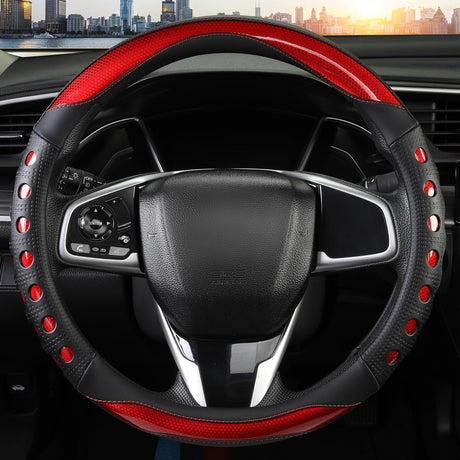 PU Leather Car Steering Wheel Cover with Non-Slip Grip, Suitable for Both Men and Women, Universal Fits 14.5-15 Inch Cars, Trucks, SUVs (Red (Round), Medium (Standard) Size [14 1/2-15 Inches])