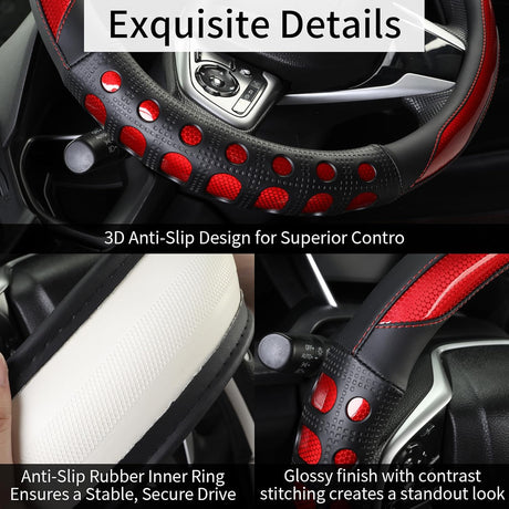 PU Leather Car Steering Wheel Cover with Non-Slip Grip, Suitable for Both Men and Women, Universal Fits 14.5-15 Inch Cars, Trucks, SUVs (Red (Round), Medium (Standard) Size [14 1/2-15 Inches])